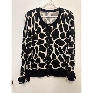 Nygard Collection Animal Print Cardigan Sweater Black White Snap L 14-16